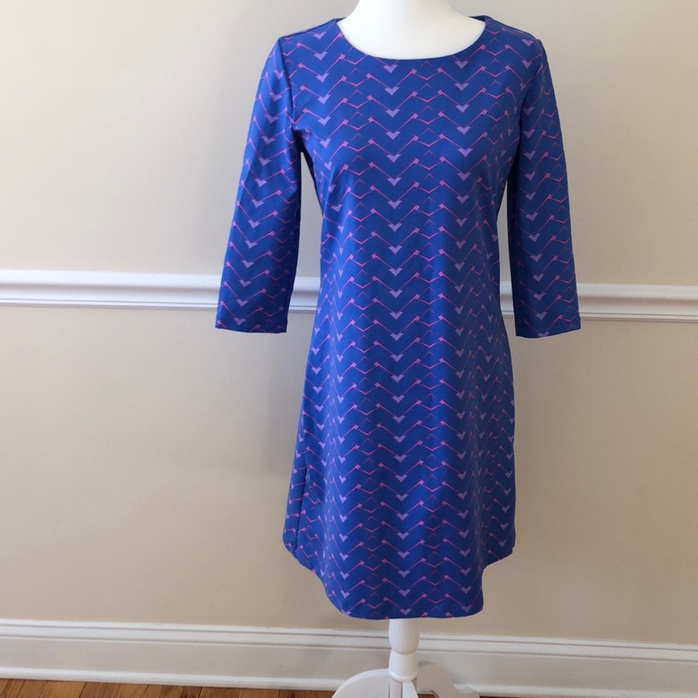 Mahi Gold Blue and Pink Geometric Pattern Dress with 3/4 Sleeves Size Medium EUC